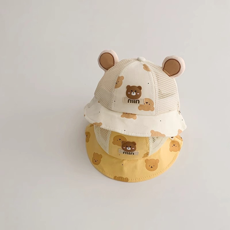 韓國嬰兒帽子夏季ins網眼透氣小熊漁夫帽兒童盆帽寶寶防晒帽
