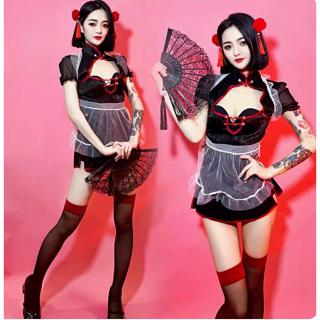 cosplay表演服裝 cos服 角色扮演 造型服 萬聖節 新品酒吧表演服ds舞臺性感gogo服DJ女團中國風黑色旗袍爵
