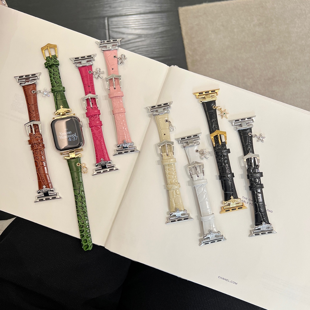 吊墜款真皮錶帶 適用Apple watch 7 8 9 41mm 45mm iwatch 4 5 6 SE2女士錶帶