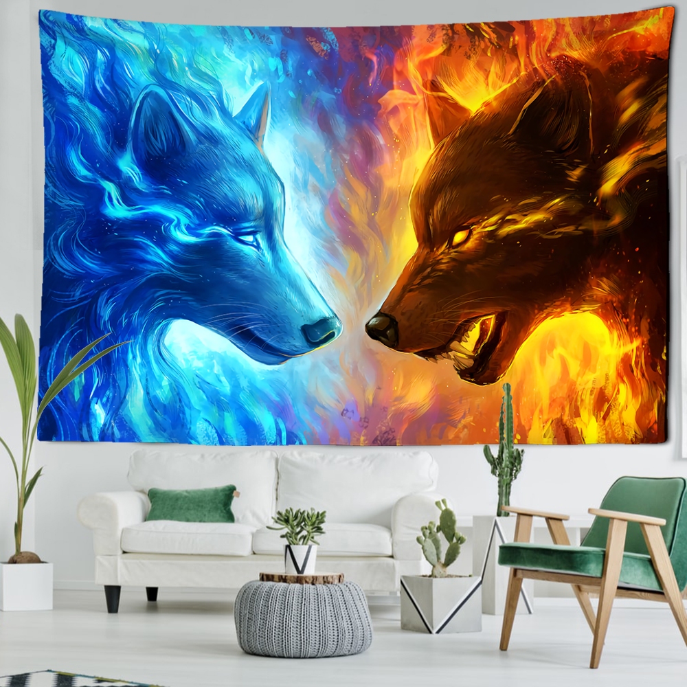 1個水火狼頭掛毯壁掛抽象藝術動物嬉皮塔皮客廳家居裝飾安裝包
