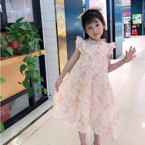 女童粉色碎花洋裝夏季新款中兒童韓版無袖木耳花邊蛋糕裙