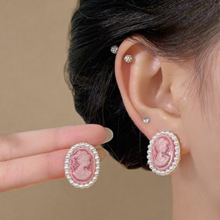 925銀針粉色橢圓人像珍珠耳環法式藝文復古氣質時尚高級感耳飾女