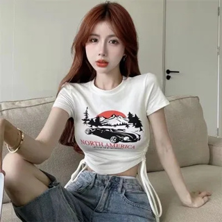韓版字母印花修身顯瘦露臍露上衣性感抽繩短袖t恤