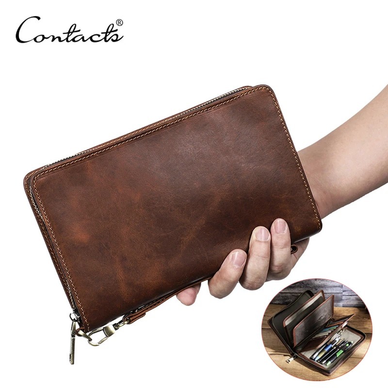 CONTACT'S 男士手拿包大容量真皮男錢包包拉鍊卡錢包證件夾護照套錢包