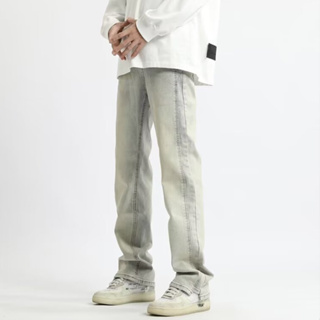 【S-3XL】美式風格復古高街水洗牛仔褲男士緊身直筒潮流設計長褲