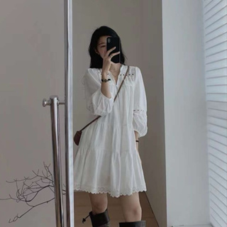 72316 甜美鏤空法式長袖寬鬆A字洋裝