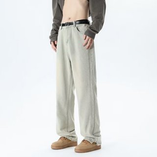 【S-3XL】高街復古直筒黃泥色牛仔褲男士春秋季嘻哈潮流設計長褲