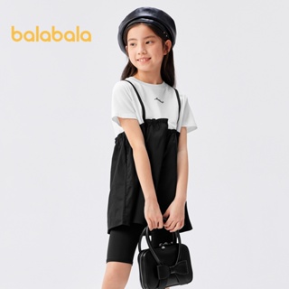 Balabala兒童短袖女童t恤夏裝大碼兒童上衣寬鬆假兩件時尚洋裝甜美