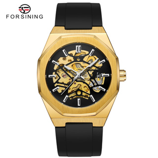 Forsining自動機械男錶奢侈品牌時尚黑色橡膠錶帶運動鏤空時鐘。 男士