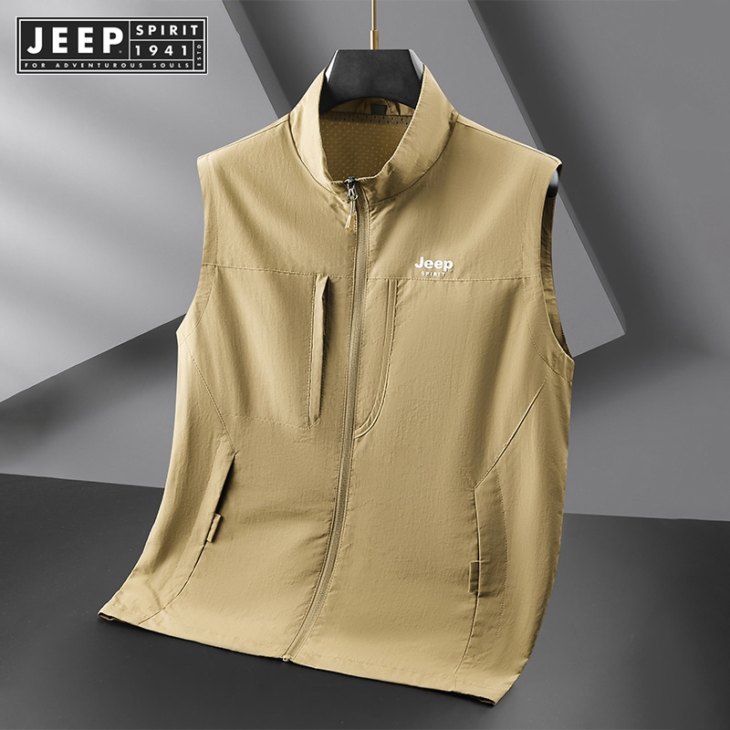 JEEP SPIRIT 1941 ESTD 男士立領背心寬鬆新款純色休閒拉鍊口袋外套