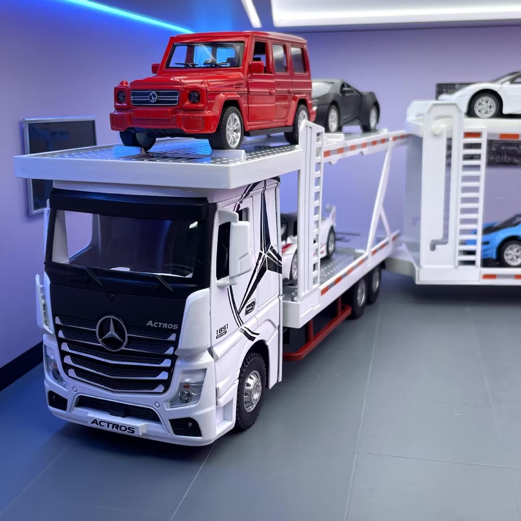 【送小車】賓士模型車 1：24 貨車模型 雙層 合金車 带聲光 拖板車模型 汽車模型 運輸車 聯結車模型 卡車模型