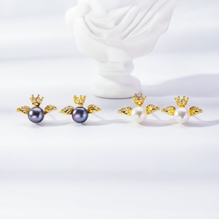 1件天然淡水養殖珍珠耳環天使皇冠花朵款式鑲嵌鋯石設計女士珍珠耳環