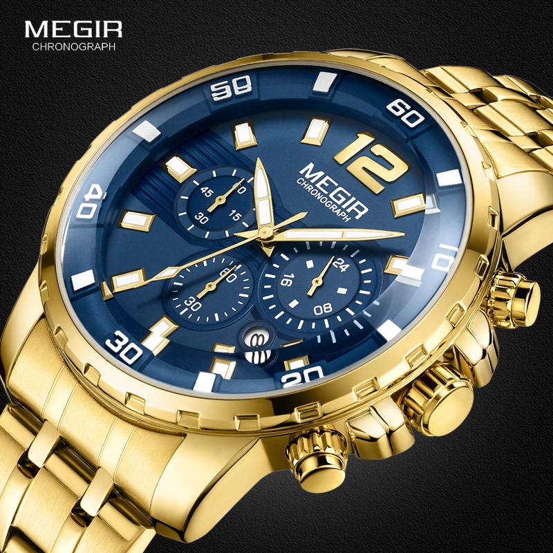 Megir 男士不銹鋼金色石英手錶 / 夜光商務計時腕錶