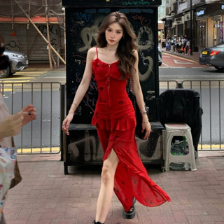 法式聚會派對性感紅色吊帶長裙女裝緊身收腰高級設計無袖中長款印花無袖A字洋裝