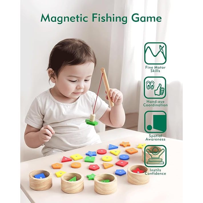 婴儿蒙台梭利木製磁性釣魚游戲兒童玩具形狀和顏色分類紙杯蛋糕適合幼兒 2-4 歲幼兒配對遊戲