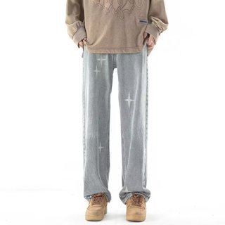 【S-3XL】美式風格復古牛仔褲男士春秋季直筒寬鬆休閒潮流高街長褲
