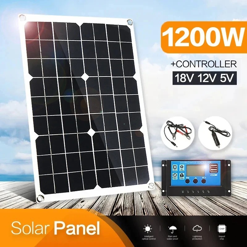 1200w 太陽能電池板 12V 電池充電器雙 USB 帶 10A-60A 控制器太陽能電池板戶外露營電話車遊艇房車遠足