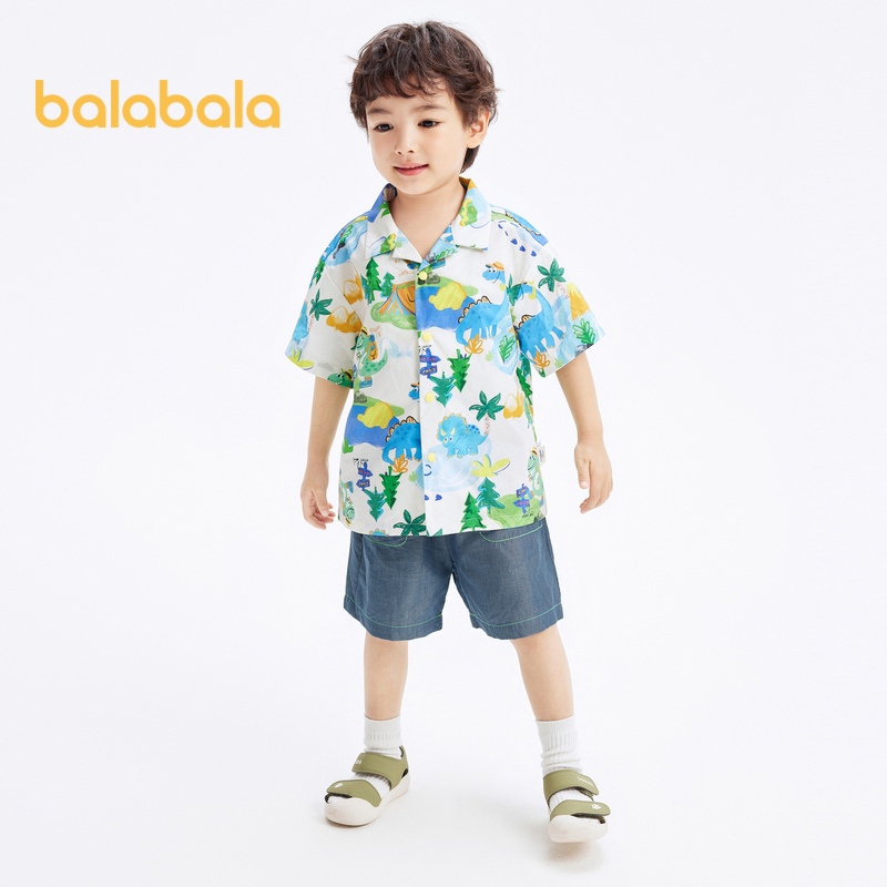 Balabala男童短袖套裝寶寶兒童夏裝2024新款兒童印花襯衫牛仔短褲