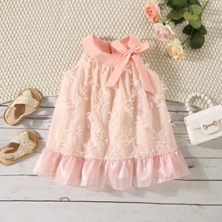 0-4歲兒童女童粉色連衣裙夏季時尚荷葉邊下擺蝴蝶結連衣裙