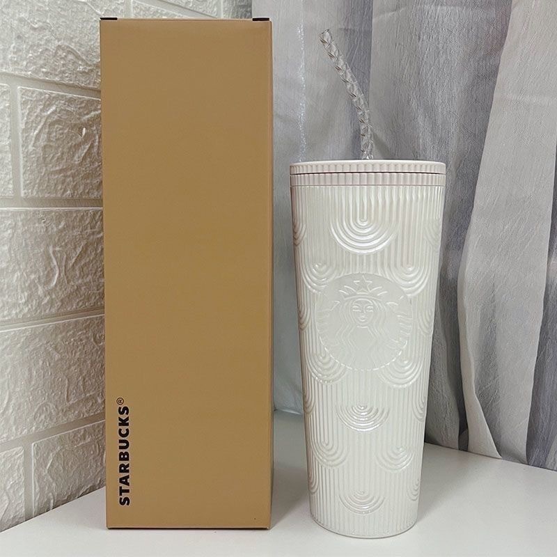 韓國 星巴克吸管杯 Starbucks 純白珍珠貝母水杯 女神鑽石杯 幻彩立體浮雕 飲水杯 大容量塑膠吸管杯710ml