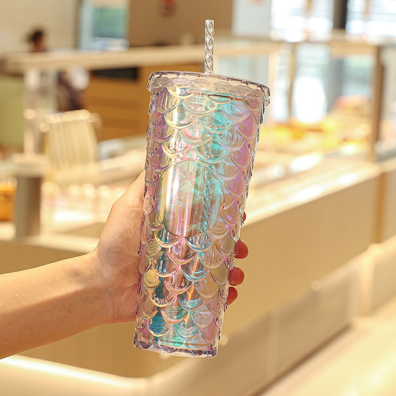 現貨 STARBUCKS 星巴克杯子 幻彩立體 浮雕魚鱗杯 吸管杯 水杯 大容量塑膠吸管杯 大容量冷水杯 咖啡杯