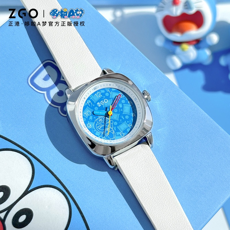 正港ZGO x 哆啦A夢 皮革錶帶小方塊防水個性指針學生男女手錶2165
