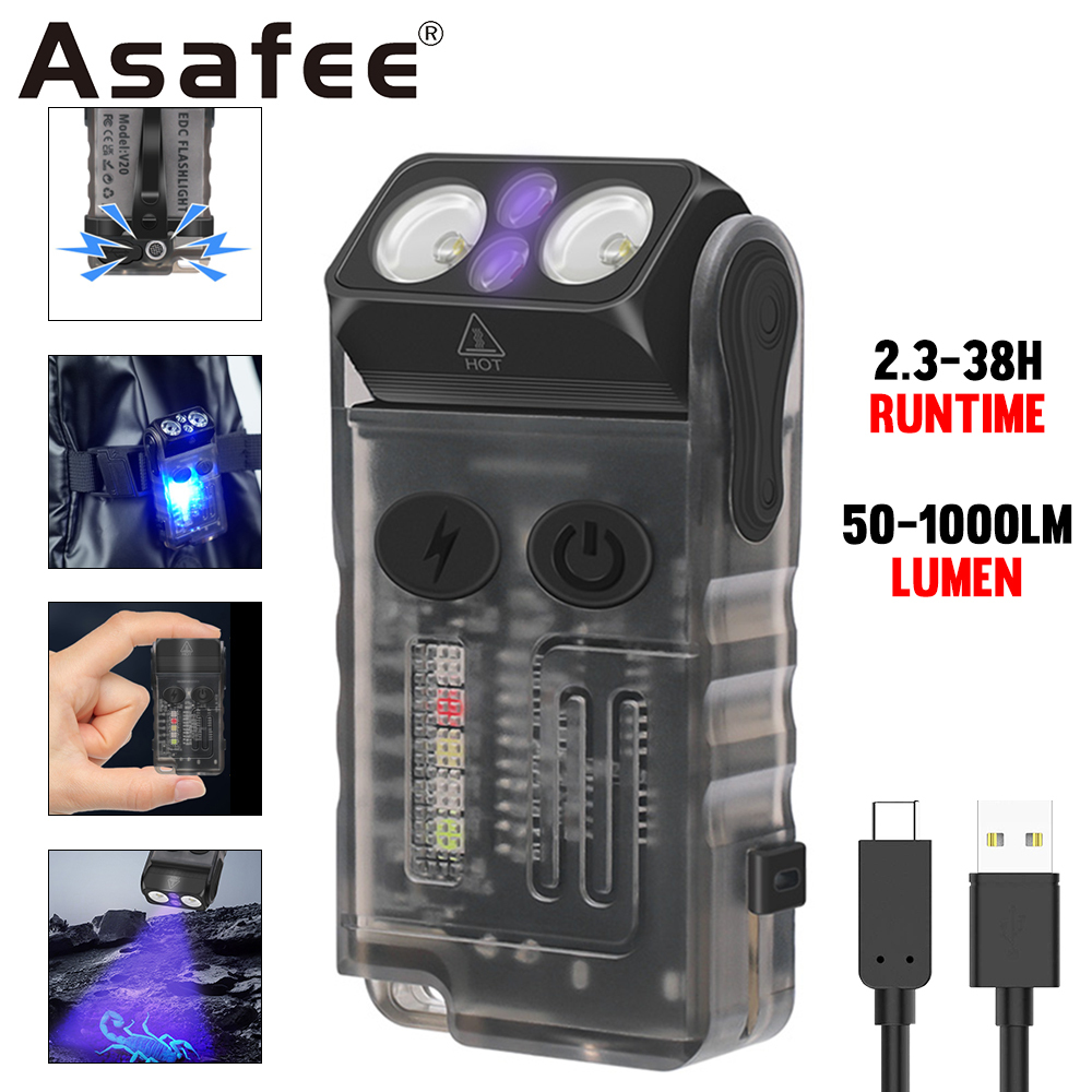 Asafee EDC LED 超亮 V20-UV 鑰匙扣手電筒便攜式工作燈 UV 紫光 1000LM 內置電池可充電帶記