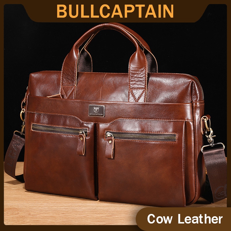 Bullcaptain 100% 牛皮男士公文包大容量男手提包筆記本電腦包
