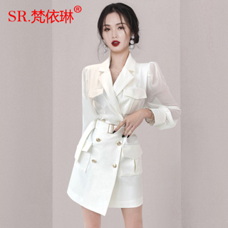2024韓版潮流女裝 OL職業女性雙排扣腰帶西裝裙 雪紡袖氣質洋裝 好品質