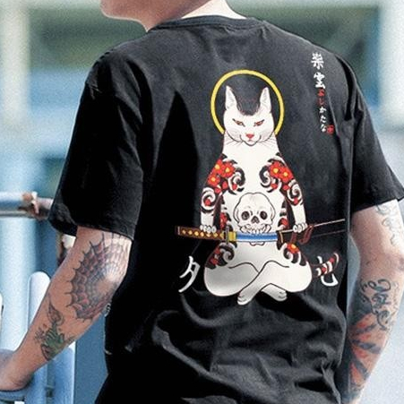 （日系潮牌）武士貓純棉個性時尚男士短袖打底T恤