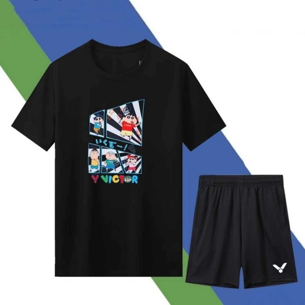 Victor新款“蠟筆小新”文化衫羽毛球衣男女透氣排汗排汗學生訓練比賽運動隊代購球衣