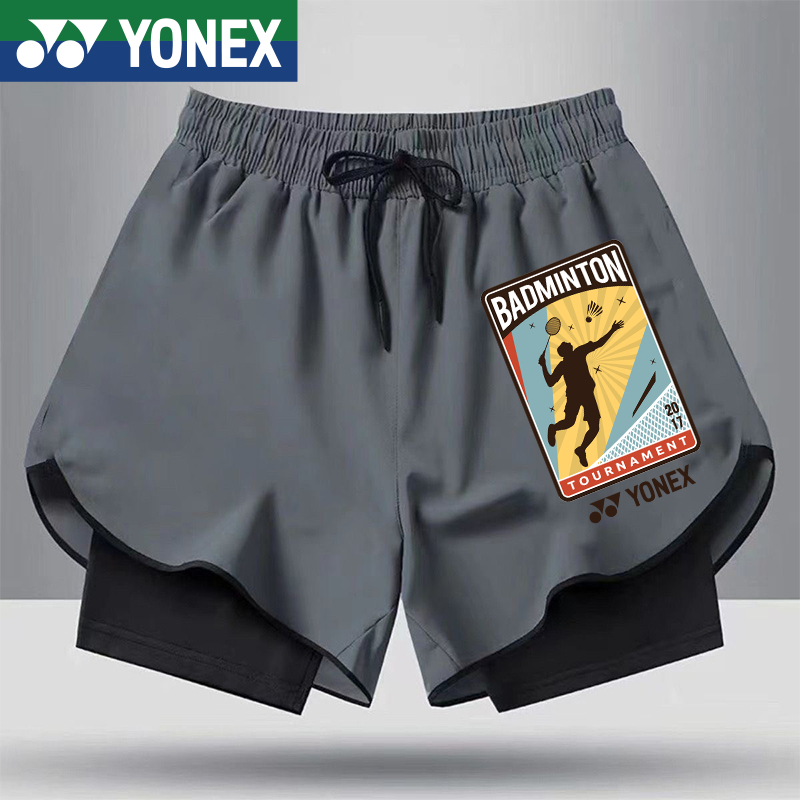 Yonex 男式運動短褲女式跑步馬拉松田徑寬鬆 3/4 短褲速乾白色內襯防眩光雙層健身短褲