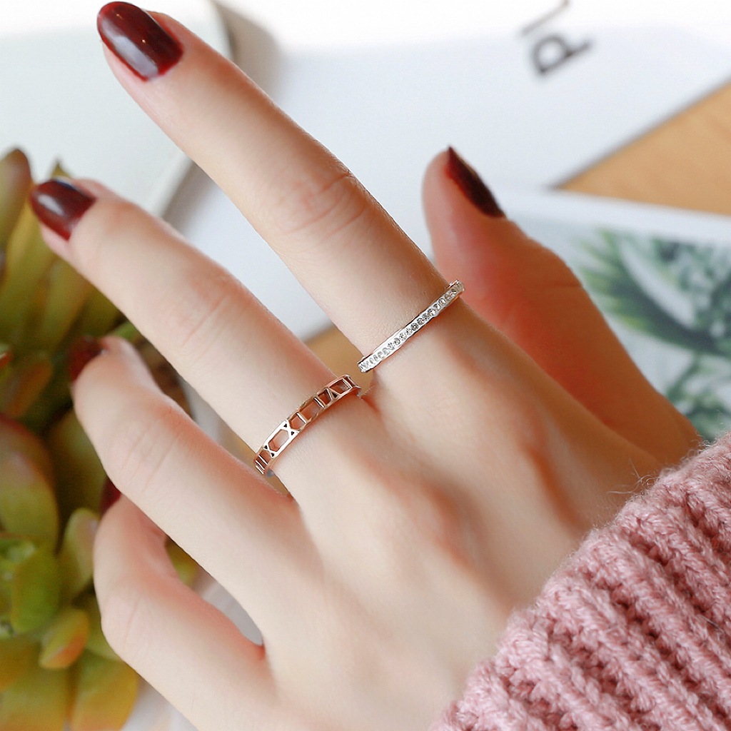 二合一滿鑽鈦金戒指女18K玫瑰金羅馬空心食指簡約時尚戒指飾品