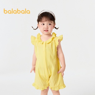 Balabala嬰兒連體衣嬰兒衣服爬行服女童2024新款夏季連衣裙兩側穿洋氣甜美