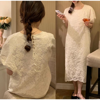 韓系洋裝圓領寬鬆白色蕾絲連衣裙氣質百搭洋裝刺繡仙女裙