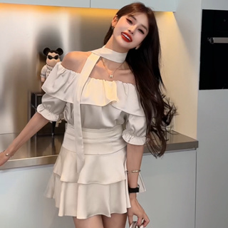 韓版休閒時尚套裝女裝緊身短版性感露肩一字領短袖上衣+高腰緞面A字半身裙兩件套