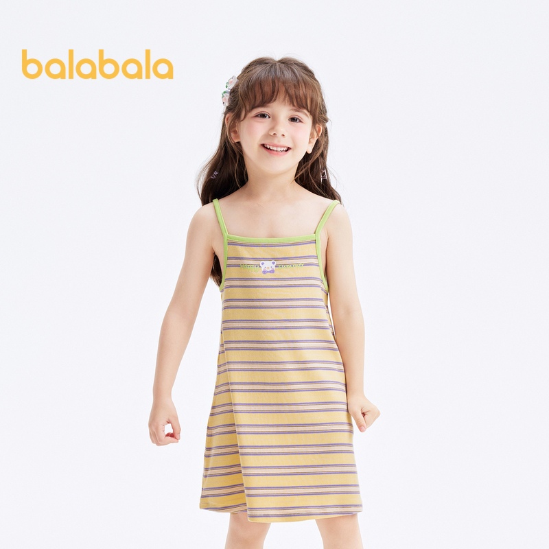 Balabala 兒童 2024 新款夏季女童連衣裙,撞色條紋吊帶裙時尚印花