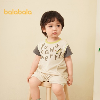 Balabala嬰兒連體衣嬰兒衣服哈衣服爬行服2024新款夏裝假兩件時尚舒適