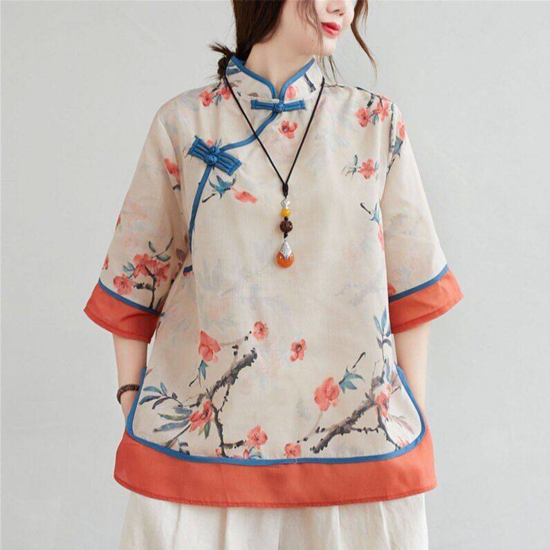 女式中式複古襯衫印花旗袍上衣休閒棉襯衫傳統漢服優雅時尚東方上衣