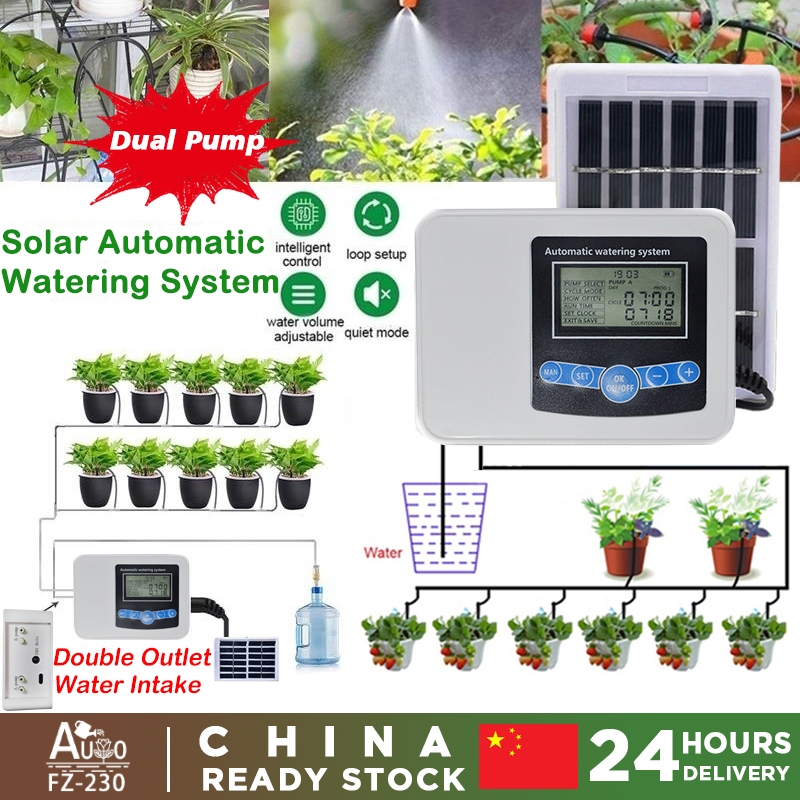 【升級雙泵】太陽能自動澆水系統,室內植物自動澆水系統,帶 30 天澆水循環定時器,支持 5V USB 充電或太陽能充電