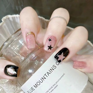 新款貓眼星星穿戴甲簡約ins風 DIY指甲貼 短版 顯白百搭氣質美甲貼片24片 指甲全貼 果凍膠 防水持久可拆卸 假指甲