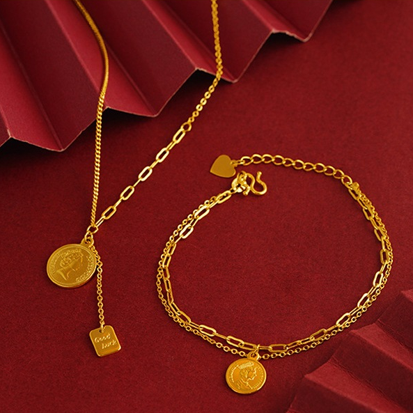 越南沙金 鍍金仿黃金女王駕到手鍊 銅合金圓牌雙層可調整女士項鍊
