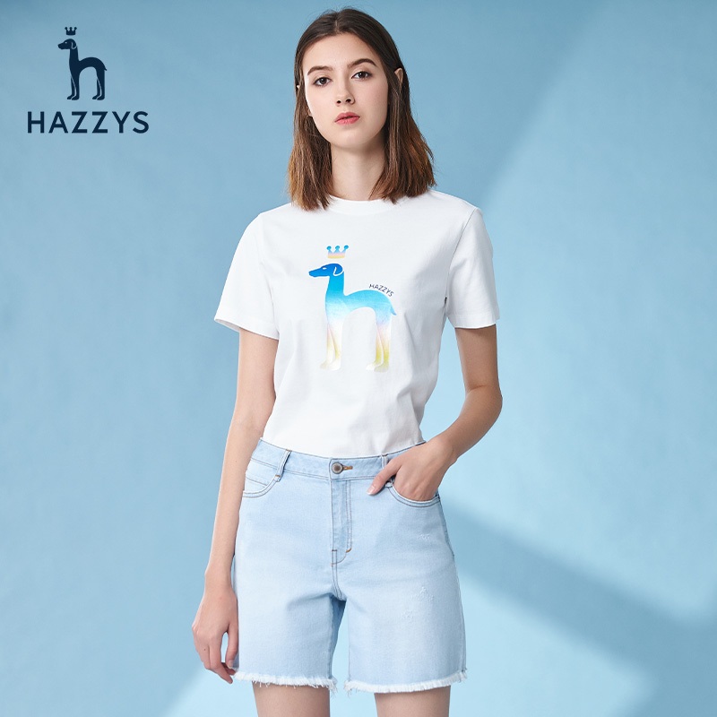 Hazzys 新款白色女式短袖 T 恤時尚圓領純棉 T 恤上衣