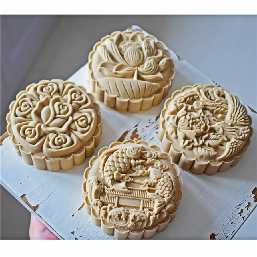 4 件/套 200 克中國傳統大克月餅模具愛蓮花魚龍甜點糕點郵票手壓柱塞 Bakewar
