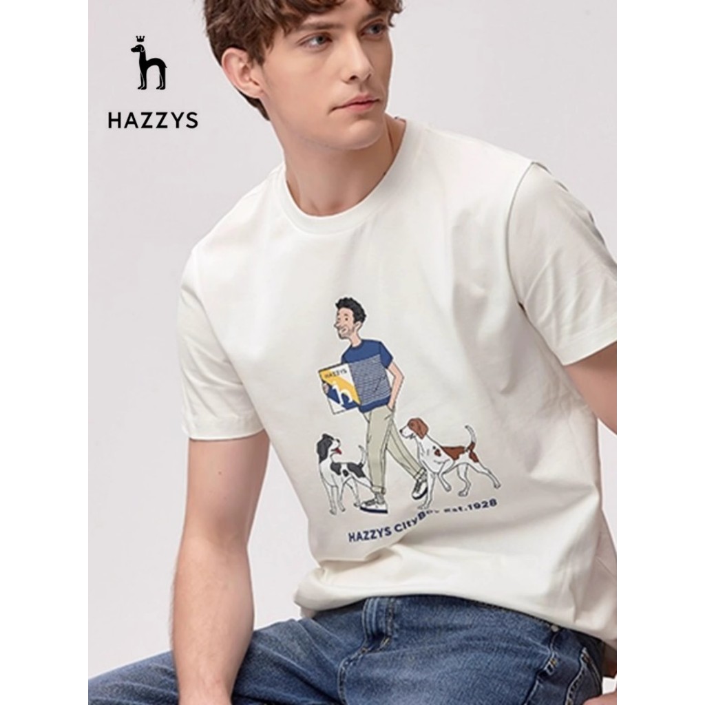 Hazzys新款休閒寬鬆透氣圓領卡通t恤時尚上衣男裝