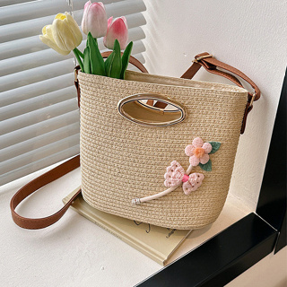 草編包水桶包女士手提包 編織花朵敞口包 斜背包水桶包