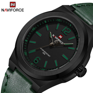 Naviforce 男士手錶皮革豪華綠色防水真皮運動軍用石英鐘禮物