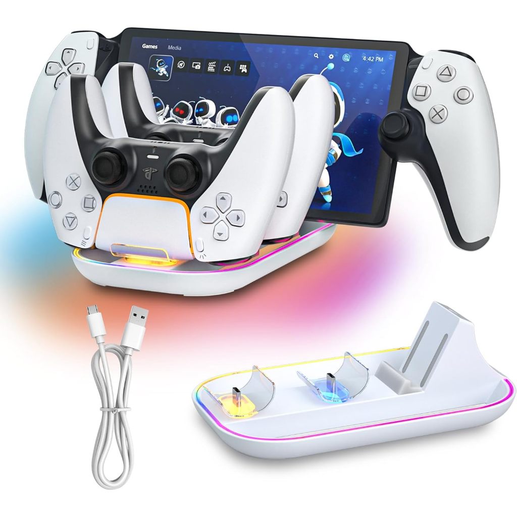 iPega 3合1 PS5 Portal掌機充電底座 雙PS5遊戲手把座充 帶炫彩RGB燈 (這款支援兩個PS5手把)