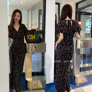 法式聚會派對性感碎花長裙女裝緊身收腰V領短袖中長款印花雪紡A字洋裝