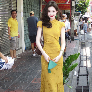 法式聚會派對性感金色碎花長裙女裝緊身收腰高階設計圓領短袖中長款金色印花洋裝